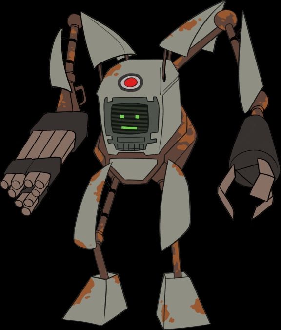 A large grey robot with a CRT monitor face and gatling gun for a hand and a mixture of brown rust spots and wiring covering the surface of its body. 