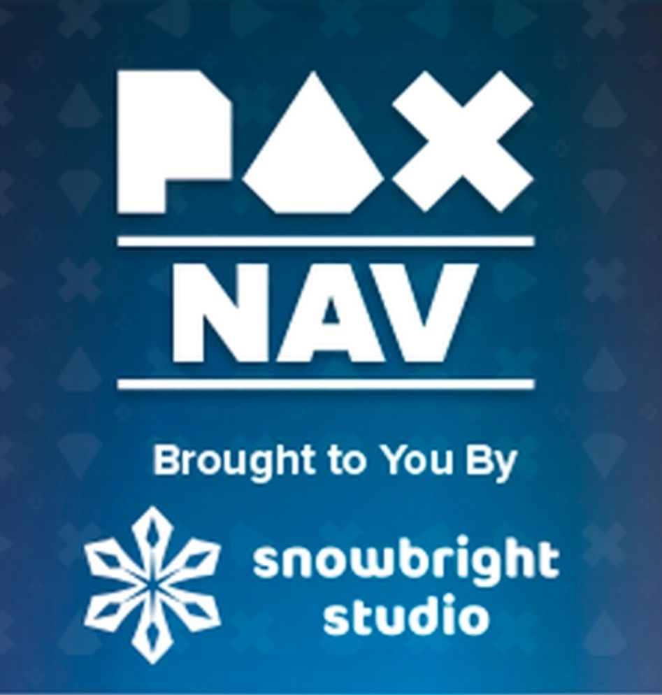 A screenshot of the opening screen from the PaxNav app, with white text on a blue background with inset symbols. It reads PAX NAV bright to you by snowbright studio and features their snowflake style logo.