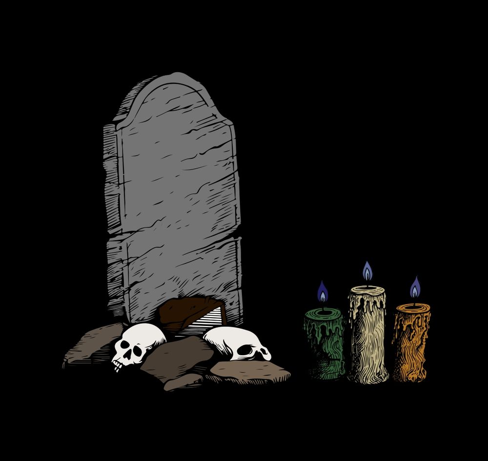 A grey headstone rises out of a collection of variated brown rocks with two skulls sitting amidst them, and a book rests on top of the rock like in front of the headstone. To the right, three candles burn with blue flames. The candles are green, white, and orange in honor of the Irish flag.