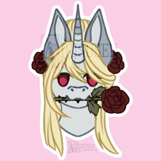 The image shows a stylized digital sticker of a unicorn character with a soft pink background. The unicorn has a pale face, a long silver horn, and flowing blonde hair partly covering one of its red eyes. Dark roses are placed on both sides of its head like ornaments, and it holds a rose stem gently between its teeth, adding a romantic and slightly dramatic touch. The clean lines and flat colors give the design a modern, emblem-like look, making it suitable as a decorative sticker or emblem of the character.