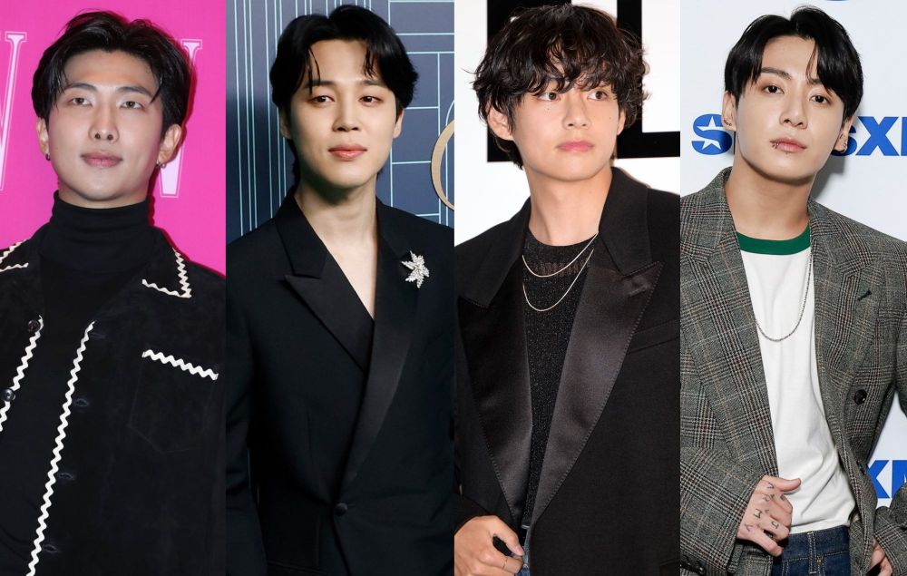 a collage of Namjoon, Jimin, Taehyung and Jungkook 