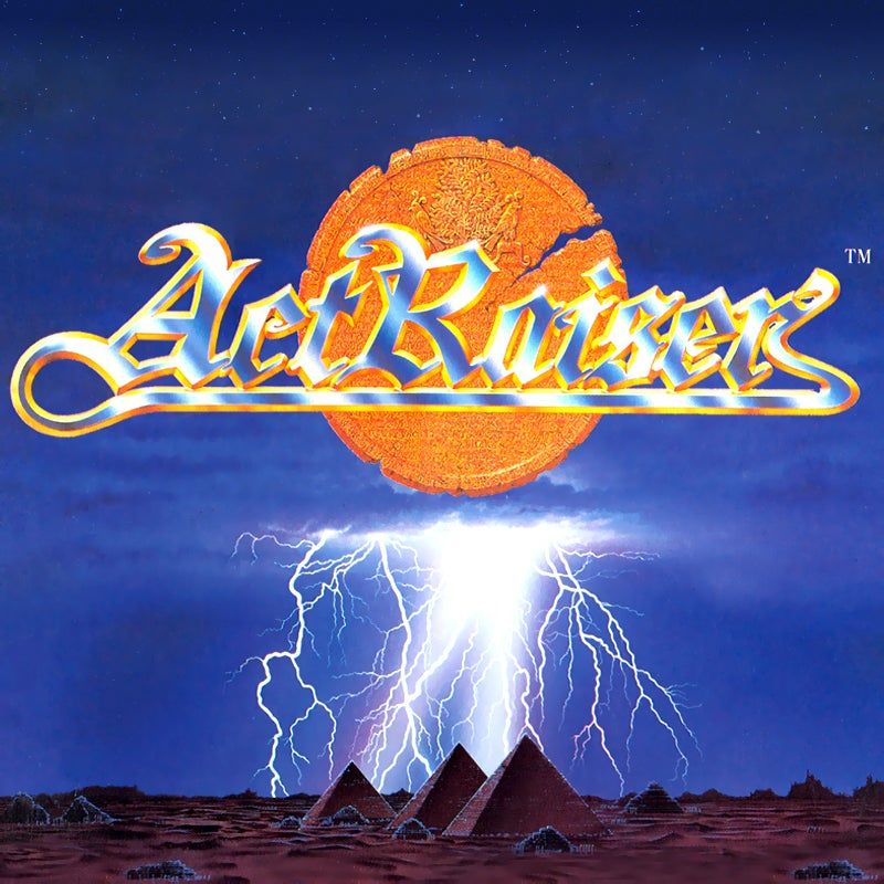Cover art for the Super Nintendo game, ActRaiser. The title is overlaid on top of a golden circle. There's a lightning storm underneath in the background, above three pyramids