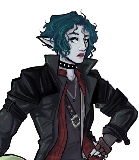 A vampiric woman stands with a monster head on her hip. She has blue cropped wavy hair and pointed ears, and pale grey skin. Shes dressed in a large leather jacket with layered flannel underneath in red and grey. She’s covered in various belts and pouches, and wearing large brown work boots.