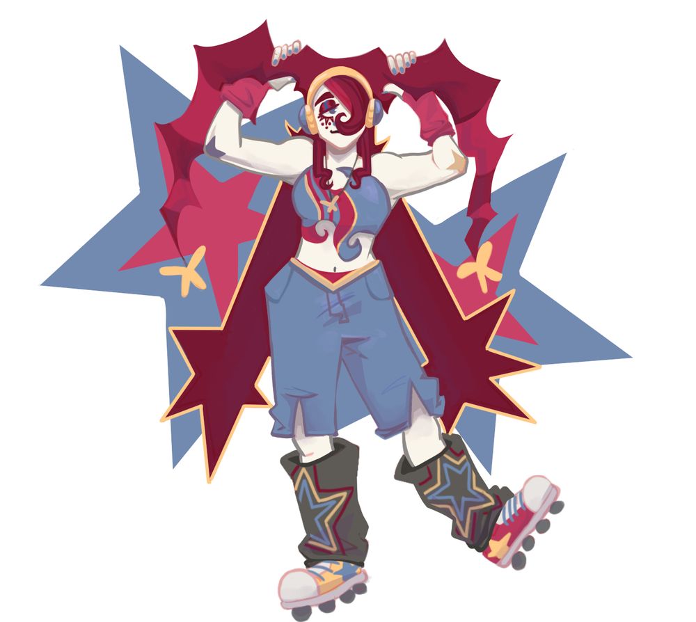 A clown like individual stands with one foot out, holding the long trails of their twin tailed stripey hat. She has dark red hair underneath that shoots out in starbursts by her hips. Shes wearing baggier cropped jeans and leg warmers with a star pattern, rollerskate sneakers in yellow and red, and a swirling tank top. She also has yellow and blue earphones holding the hat in place. Star patterns shoot from behind her in red and blue. 