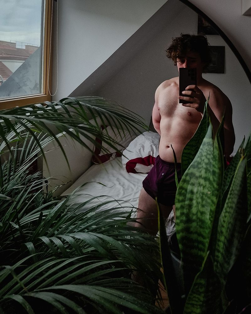 Mirror selfie of a muscular guy in boxer shorts 