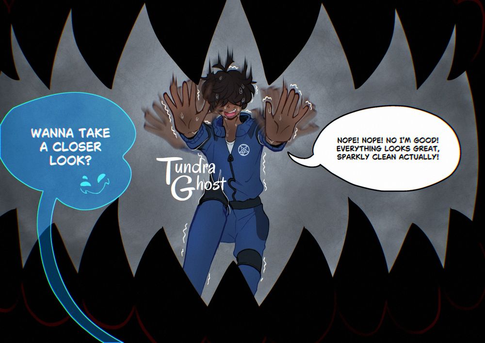 Sebastian Solace using a finger to bare is sharp teeth more prominently to a very small and shivering Expendable. Speech bubbles from Sebastian read, "You're sure staring at my teeth a lot. What's the matter? Is there something stuck in them?”