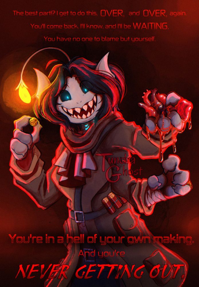 Sebastian solace holding the players bloody heart in one hand, and a ferryman token in the other. Text reads: “The best part!? I get to do this OVER, and OVER, again. You’ll come back, I’ll know, and I’ll be WAITING. You have no one to blame but yourself. You’re in a hell of your own making. And you’re NEVER. GETTING. OUT.”