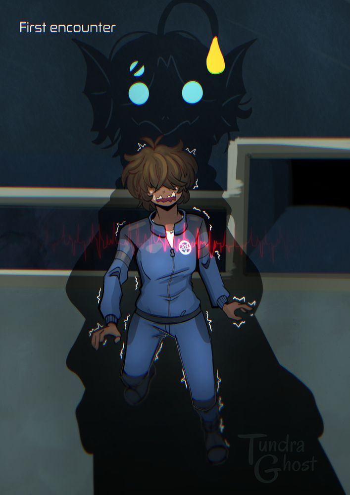 An expendable having their first encounter with Sebastian from the Roblox game Pressure. They are shivering from fear while Sebastian's large shadow looms over them.