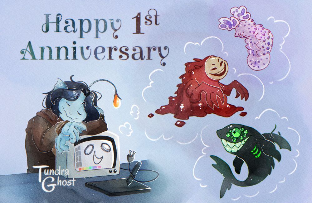 In top left reads "Happy 1st Anniversary". In the bottom right is Sebastian Solace resting on top of Painter while Painter is drawing on a tablet. To the right of them are cutesy versions of the Deep Sea Bunny, The Good People, and Eyefestation that Painter is implied to be imagining.