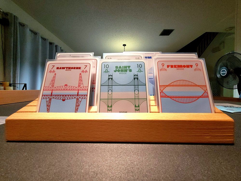 Bridge City Poker cards on a card stand. 