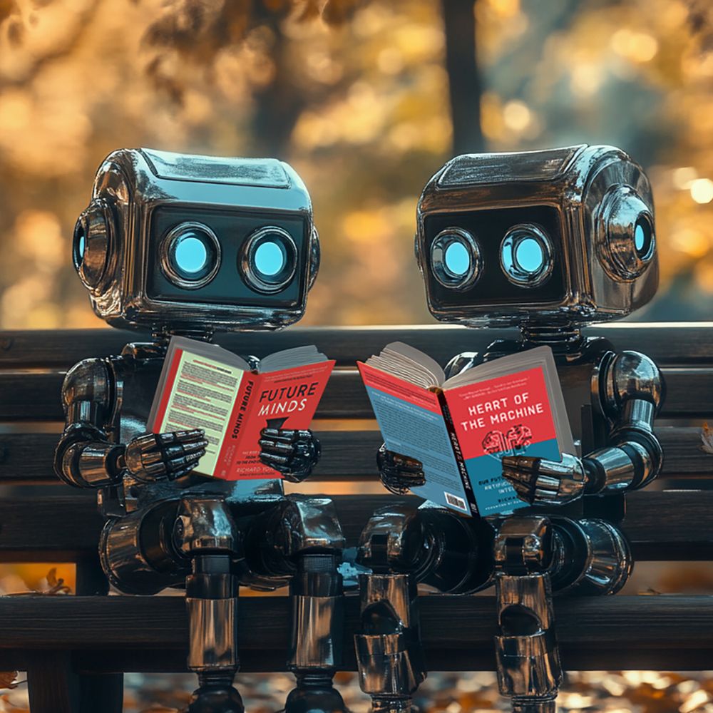 Two robots enjoying books by futurist author Richard Yonck