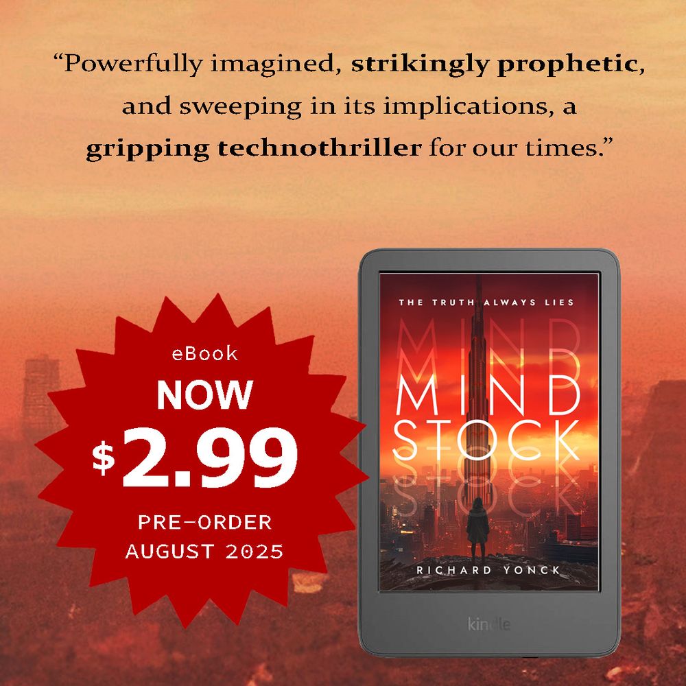 Image of Mindstock book as shown on a Kindle with a pre-order graphic offering the ebook for $2.99