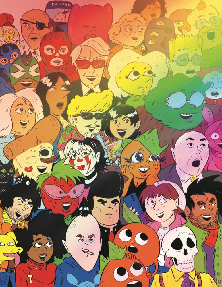 Full- colour cover for my ongoing webcomic Pizza Time, referencing the end of the Muppet Movie with a group of characters looking up at a rainbow.