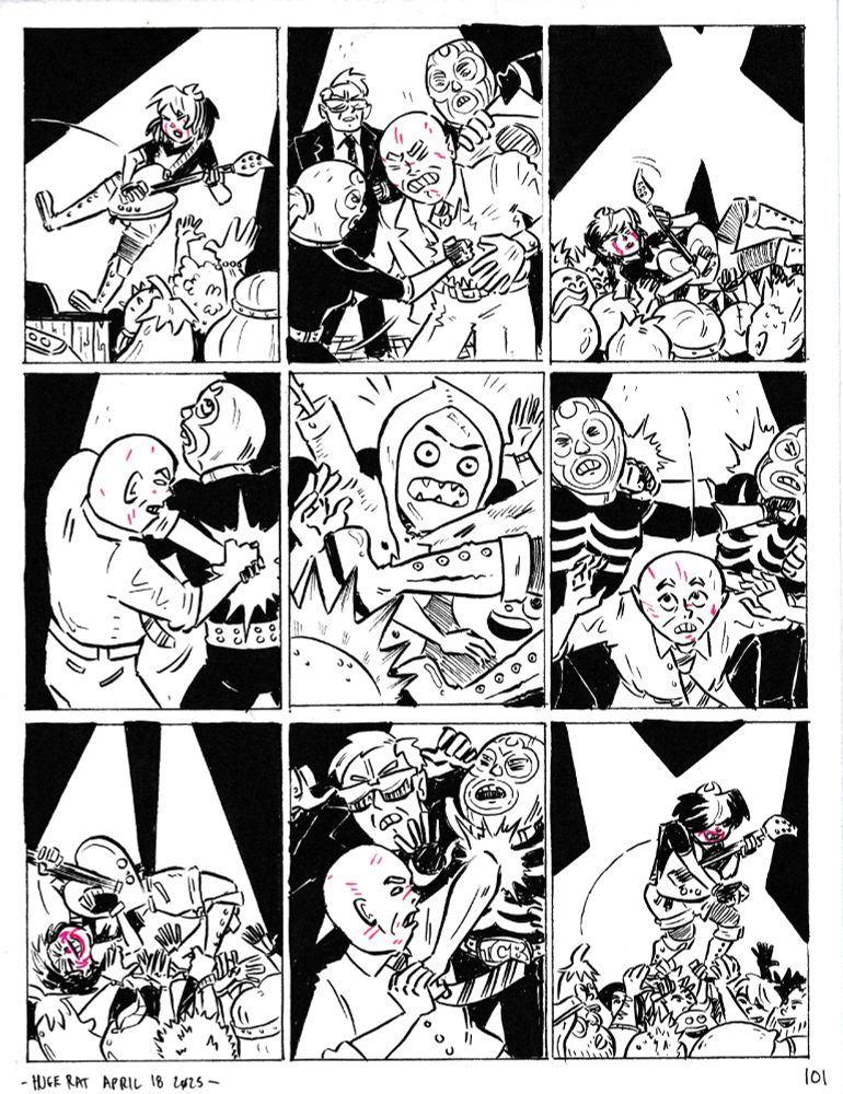 A page from my ongoing webcomic Pizza Time, drawn as a 3x3 grid- each panel switching back and forth from a fight scene between bald idiot Michael Milton fighting the Mayor and his goons, and a scene of Bibi the clowngirl crowd surfing and playing guitar 