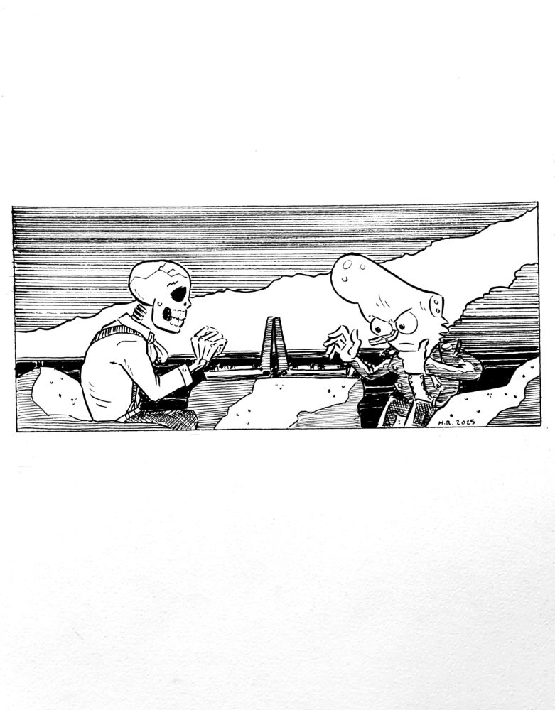 A pen illustration parodying Bergman's the Seventh Seal, with characters from my ongoing webcomic Pizza Time playing Battleship. It's very intellectual!!