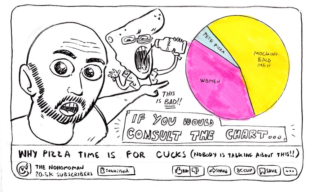 drawn illustration of a manosphere- style youtuber pointing to a pie chart, with a small sliver of the chart labelled "Pete Pizza," and two much larger sections each labelled "women" and "mocking bald men." A soyjak- style illustration of Pete Pizza is behind him, gleefully drinking Soylent. The title of the youtube video is "why pizza time is for cucks (nobody is talking about this!!) the youtuber is called "The Nohomoman." This all came to me in a dream, and is about my ongoing webcomic Pizza Time, which you can read on Comicfury, Tapas and Newgrounds.