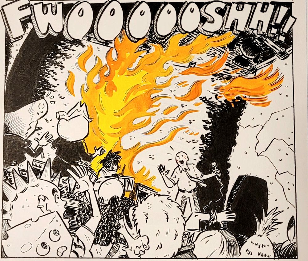 A panel from my webcomic Pizza Time depicting a fire breaking out on stage at a punk show