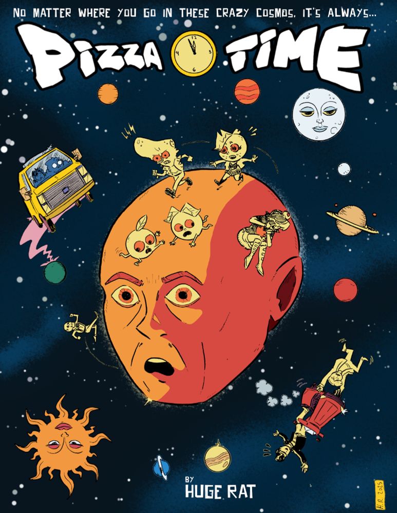 Cover for my ongoing webcomic Pizza Time, depicting a middle aged man's bald head as a planet with other characters running around it. 