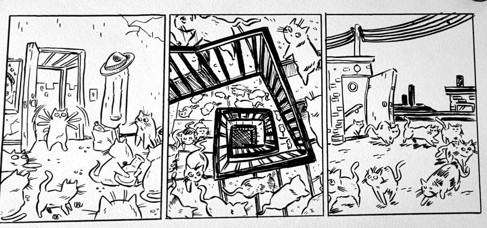 Three WIP panels from my ongoing webcomic Pizza Time. Ink on white paper. A large group of cats as end an apartment stairwell to a rooftop.