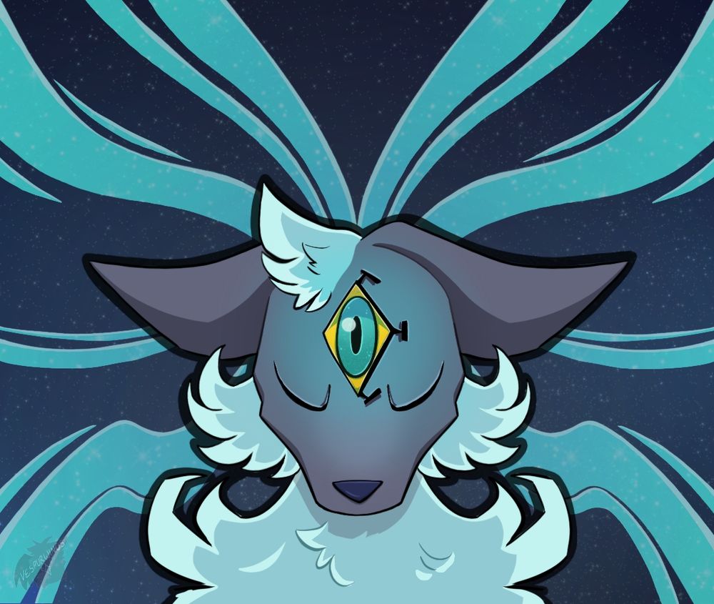 A gray and white cat with closed eyes and light and energy coming from its 3rd eye on the forehead