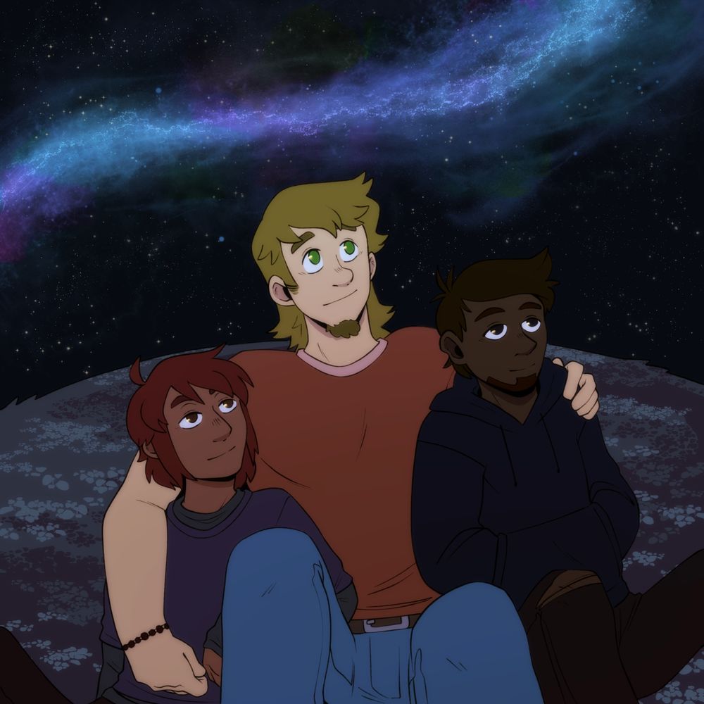 A digital image of three men sat on a field at night beneath a nebula or galaxy sky at night. The two on the outside are leaning against the one in the middle who has his arms around them. They are all looking up and smiling.