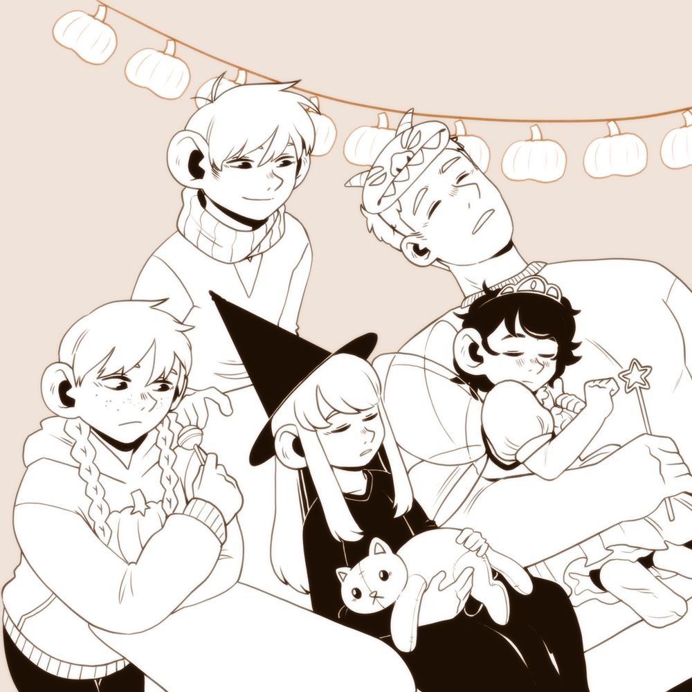 A digital image of several Dungeon Meshi characters around a couch. Laios is asleep, he is wearing a paper demon mask pushed up to his crown. Flertom is asleep on Laios, she is wearing a fairy princess outfit, Laios is holding her wand for her. Next to them, Puckpatti is also asleep, she is dressed as a witch and is holding a plush cat on her lap. Beside her, Meijack is leaning on the arm of the couch, she is not dressed up but she is wearing a hoodie with a pumpkin on, and is eating a lolly. Behind the couch Chilchuck is stood looking down at everyone fondly. Behind them is a garland decoration of pumpkins. The image is inked, the background is light orange, and the characters are uncoloured.