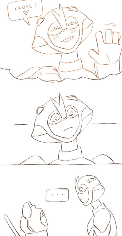 A digital comic of two Transformers OCs, Scarab and Crosswind. In the first panel, which has slightly lighter coloured lineart and is surrounded by a cloud-like border implying it is a memory or imagined, Scarab is smiling warmly, waving and blushing while saying 'Cross...!' with a heart in the word bubble. In the next panel, returning to dark lines, Scarab is in a similar pose, but is simply staring down vacantly. In the next panel, Scarab and Crosswind are staring into each others' eyes with doubt and unfamiliarity, and a tail-less word bubble between them reads '...' The image is uncoloured, and the background is white.
