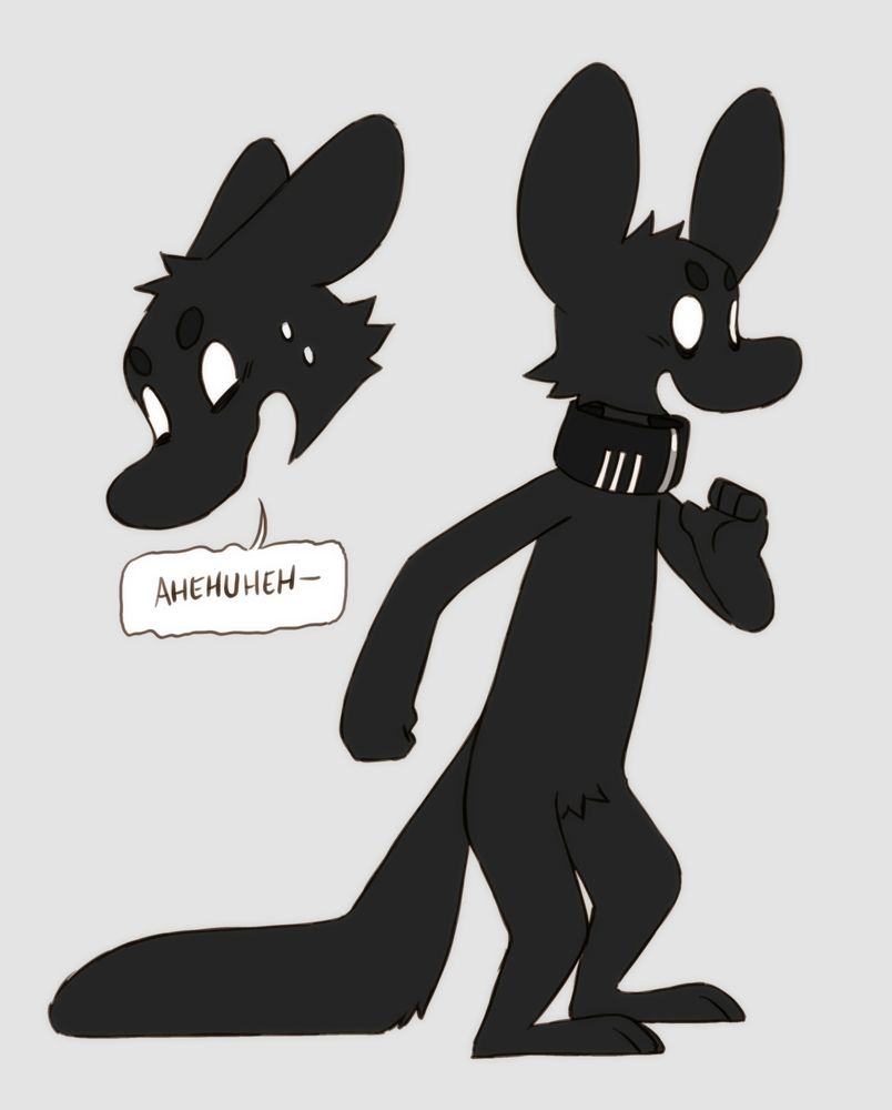 A digital reference of a toony fox-like creature. It is all black with stylised proportions and a large black collar with three white stripes. There is one full body that is posing happily, and one headshot where it looks flustered and is saying 'ahehuheh-' The background is light grey.