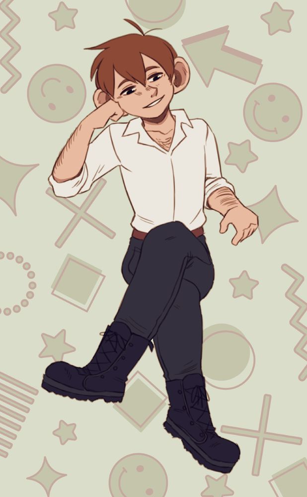 A digital image of Chilchuck from Dungeon Meshi. He is sat as though on an invisible chair, leaning his head on his hand, grinning down at the viewer. He has one leg crossed over the other and is wearing a pair of clunky black boots. The background is green with abstract retro designs.
