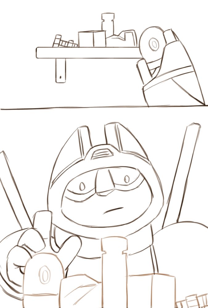 A digital comic of a Transformers OCs, Crosswind. In the first panel there is a shelf that is crowded with random items, and Crosswind's hand is in frame placing a rounded object on the right side. In the next panel we see Crosswind's face as he withdraws his hand, looking down at the items. The image is uncoloured, and the background is white.