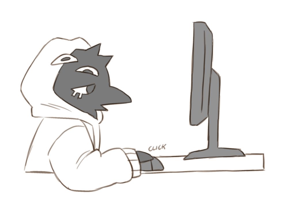 A digital image of an anthropomorphic crow in a white hoodie. It is sat at a desk, looking at a monitor, and clicking a computer mouse. The image is black and white.