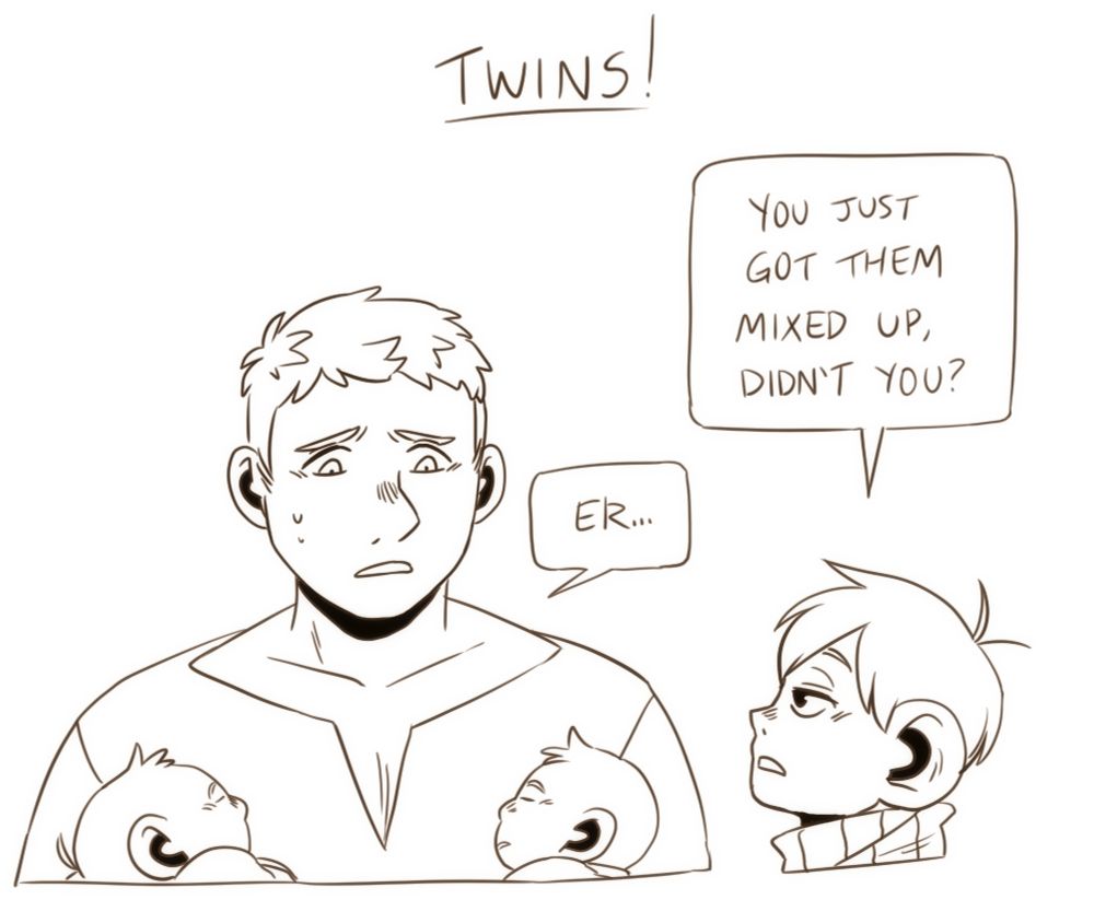 A digital image of Chilchuck and Laios from Dungeon Meshi. Laios is holding the two babies from the first picture, and is looking down at them with a worried expression. Chilchuck is next to him and looks exasperated. The text at the top says 'Twins!' and Chilchuck is saying 'You just got them mixed up, didn't you?' and Laios is saying 'Er...' The image is uncoloured.