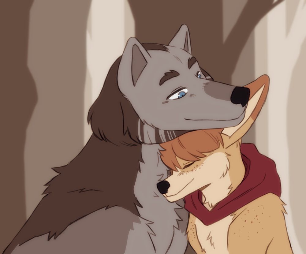 A digital image of two Dungeon Meshi OCs as wolves. The right is gold and orange wolf full body with a red scarf, and the left is a grey wolf with a receding hairline, and a Roman nose. They are nuzzling. The background is abstract trees in browns.