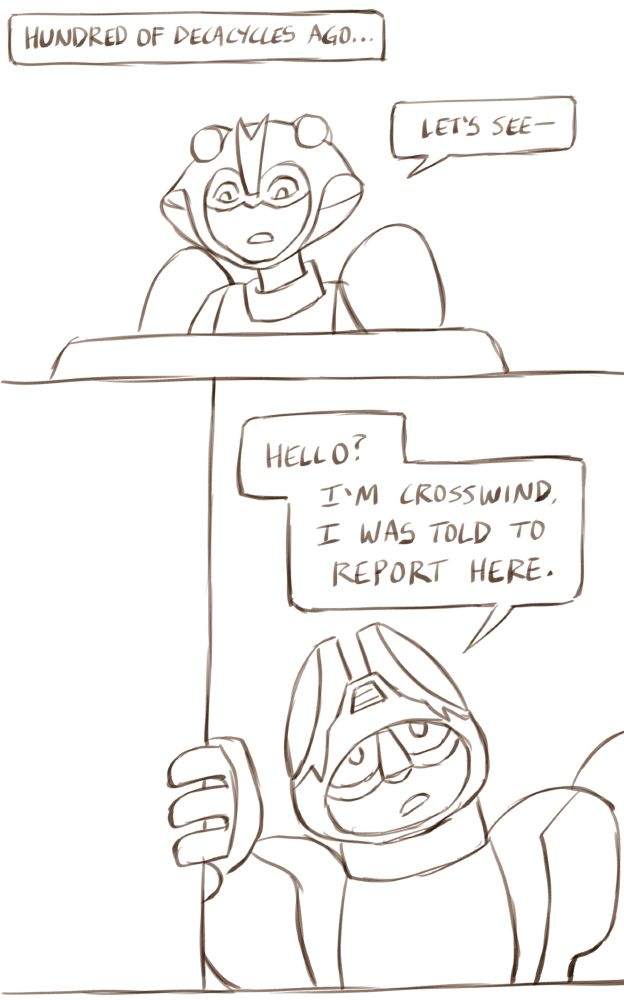 A digital comic of two Transformers OCs, Scarab and Crosswind. In the first panel, it says 'Hundreds of decacycles ago...' in the top left corner. Below, Scarab (with slightly different kibble than current timeline) is in front of some kind of console, they are looking down at it and saying 'Let's see-'. In the second panel Crosswind (also with slightly varied kibble) is leaning into the doorway, saying 'Hello? I'm Crosswind, I was told to report here.' The image is uncoloured, and the background is white.