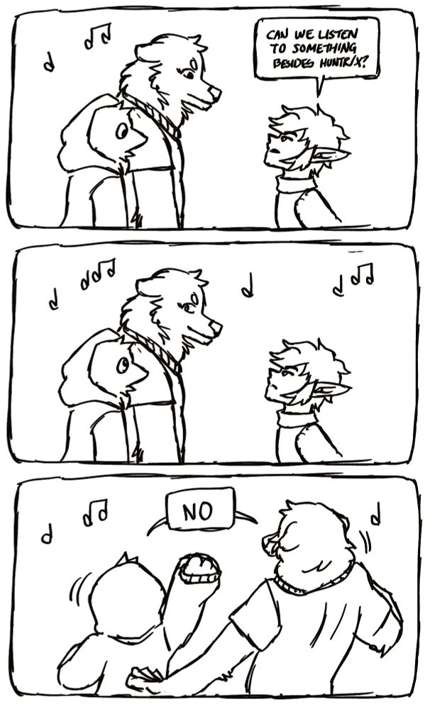 A continuation of the previous image. The first panel shows crow and the dog-like creature stopping dancing to look at an elf. The elf says 'Can we listen to something besides Huntr/x?' The next panel is the same but the crow and the dog-like creature look at each other while the music continues to play. The last panel the first two go back to dancing, with a shared word bubble that says 'No.' The image is uncoloured.
