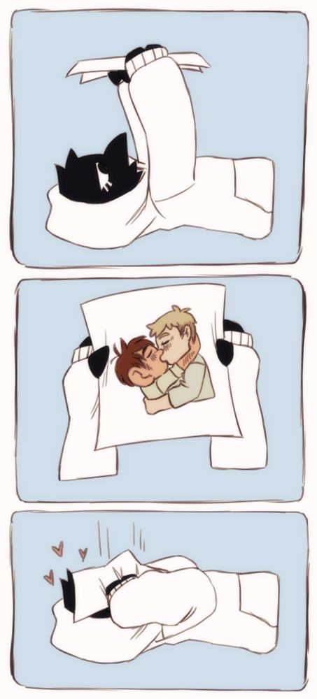 A three part digital comic. In the first panel an anthropomorphic crow is holding a piece of paper above its head. In the second panel we see the paper is a chibi picture of Laios and Chilchuck from Dungeon Meshi kissing. In the third panel the crow pulls the piece of paper over its face, and hearts surround its head. The background is light blue. 