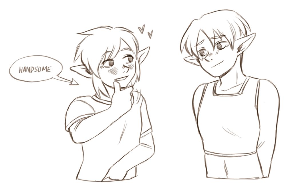 A digital sketch of Link and Zelda/Sheik from The Legend of Zelda. Sheik looks sheepish and is wearing a binder. Link looks twitterpated with hearts around his head and is signing 'handsome' in BSL. The image is uncoloured.