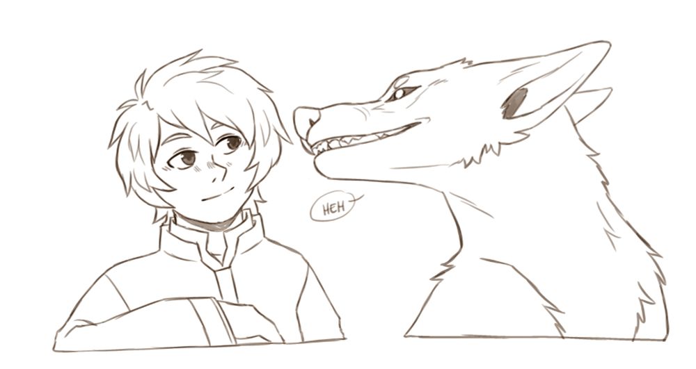 A digitak sketch of two characters, a humanoid and a dog-like creature. The humanoid has short hair, dark eyes, and is smiling and looking at the dog-like creature. The dog-like creature is leaning to look back at the humanoid, grinning and showing teeth. He is saying 'heh'. The image is uncoloured.