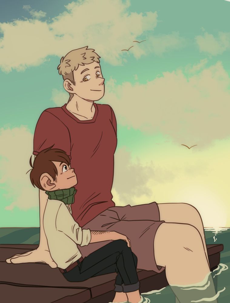 A digital image of Chilchuck and Laios from Dungeon Meshi. They are sat together on the edge of a dock with their legs in the water. Chilchuck is looking up at the sky, Laios is looking down fondly at Chilchuck. The sun is rising or setting in the distance and there are birds flying in the clouds. 