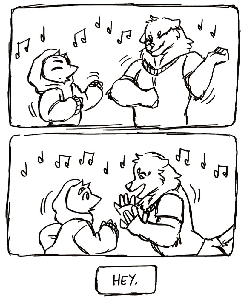 A digital comic sketch, the first two panels show an anthropomorphic crow and a dog-like creature dancing to music notes. The bottom is interjected with a word bubble that says 'Hey.' The image is uncoloured.