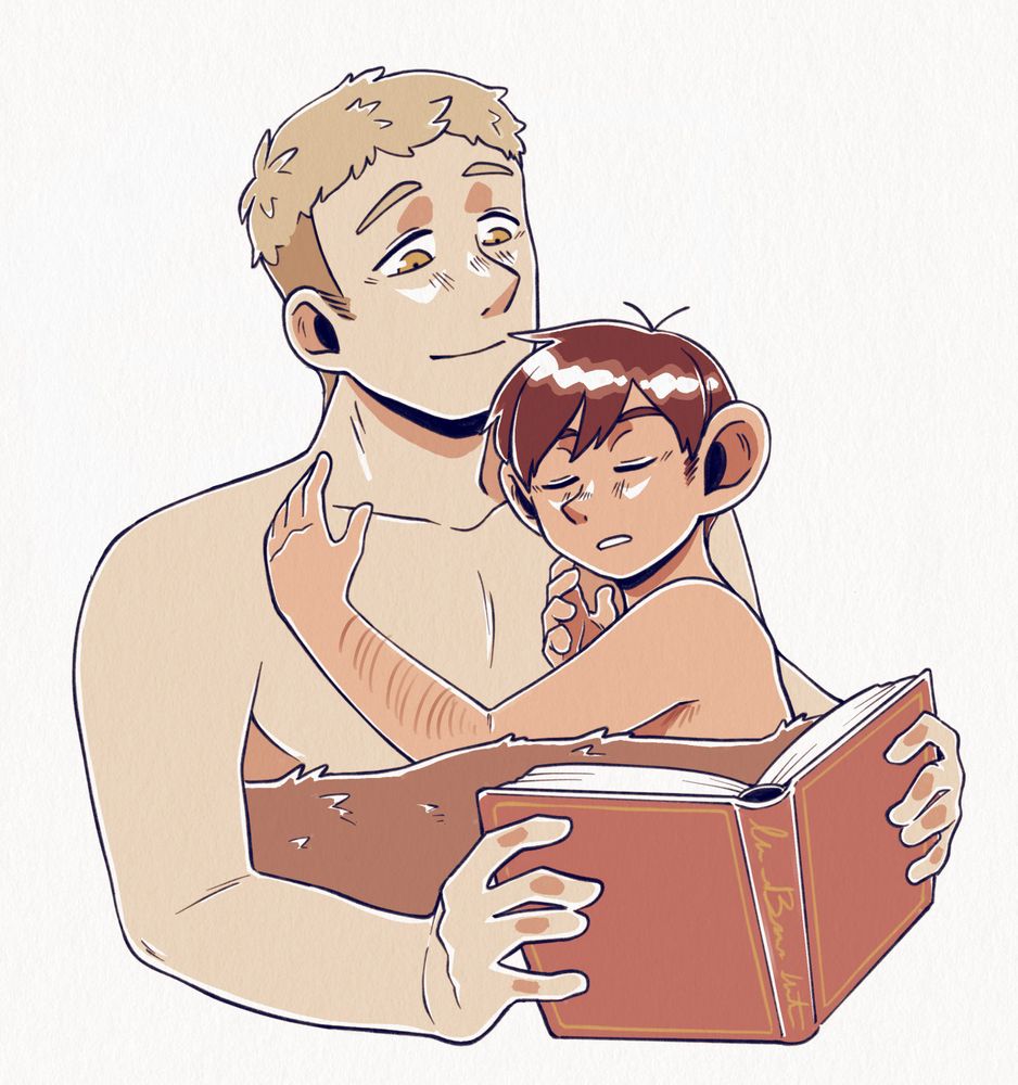 A digital image of Laios and Chilchuck from Dungeon Meshi. They are both under a blanket, Chilchuck is asleep on Laios' chest, and Laios is reading a book. The colour is warm and marker-like with a paper overlay.