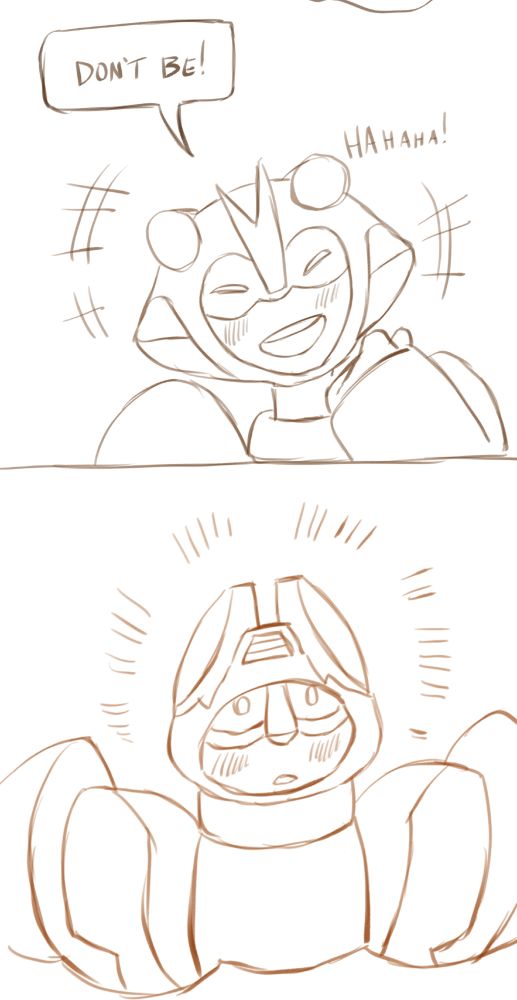 A digital comic of two Transformers OCs, Scarab and Crosswind. In the first panel Scarab has their hand drawn up to their chin, laughing loudly and openly, while exclaiming 'Don't be!' and it says 'hahaha!' near their head. The line colour is a little more pale. In the next panel Crosswind looks slightly surprised, blushing, with a halo of hatches around his head implying startled interest. The line colour is even more pale and orange, and the bottom of the panel is cloud-shaped, implying a memory or a thought. The image is uncoloured, and the background is white.