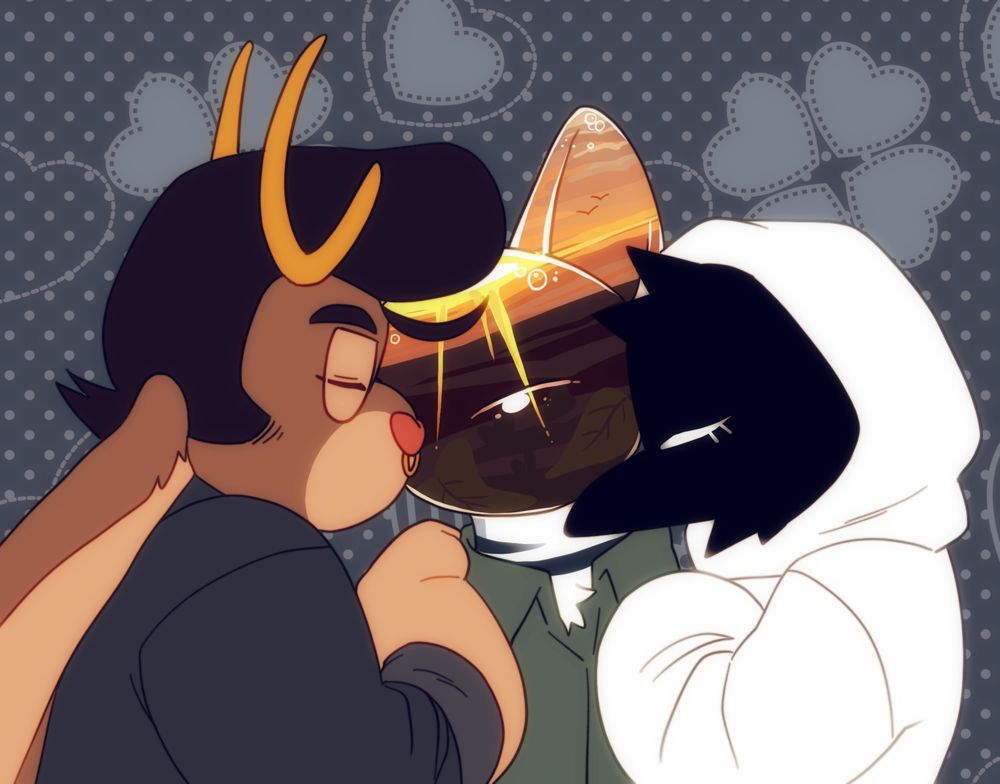 A digital image of three anthropomorphic characters cuddling. The one on the left is a jackalope with golden antlers. The one in the middle is a cat with a snowglobe-like head featuring an ocean sunset with vibrant sun rays. The one on the right is an all black crow in a white hoodie. The background is dark with a heart and dot pattern.