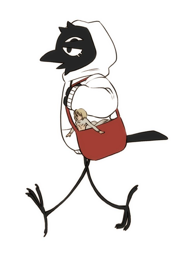 A digital image of an anthropomorphic crow in a white hoodie. It is walking while carrying a purse with the large chimera Falin figure from Dungeon Meshi poking out of the top like a purse dog. The background is white.
