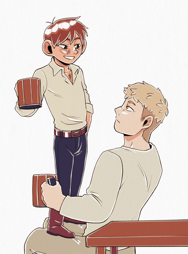 A digital image of Laios and Chilchuck from Dungeon Meshi. Chilchuck is stood on Laios' lap, looking down at him, and Laios looks unimpressed. They are both holding mugs of alcohol. The colouring is copic marker-like with a paper overlay.