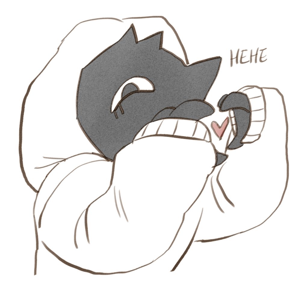A digital image of an anthropomorphic crow in a white hoodie. It has its hands raised near its face making a heart with its fingers, and there is a red heart drawn in the gap. The crow's eye is squinted up playfully, and text next to its face says 'hehe'. 