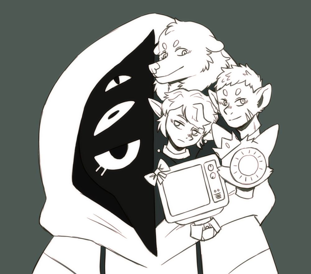 A digital image of an anthropomorphic crow in a white hoodie, and with too many eyes. It is missing the left side of its face, which has been replaced with the heads of five characters - a dog-like creature, two elf-like people, a creature with a sun mask, and a television-head with a bow. The image is greyscale.