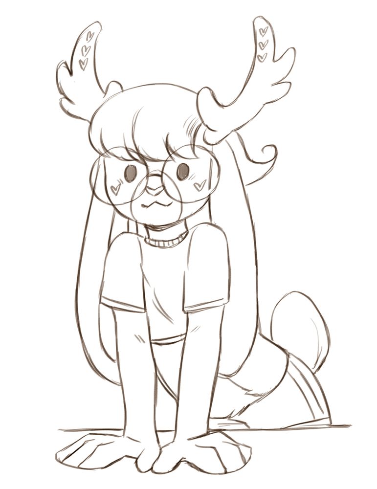 A digital sketch of a jackalope fursona. They are leaned forwards with their hands on a surface in front of them. They have heart markings and oversized glasses. The image is uncoloured.