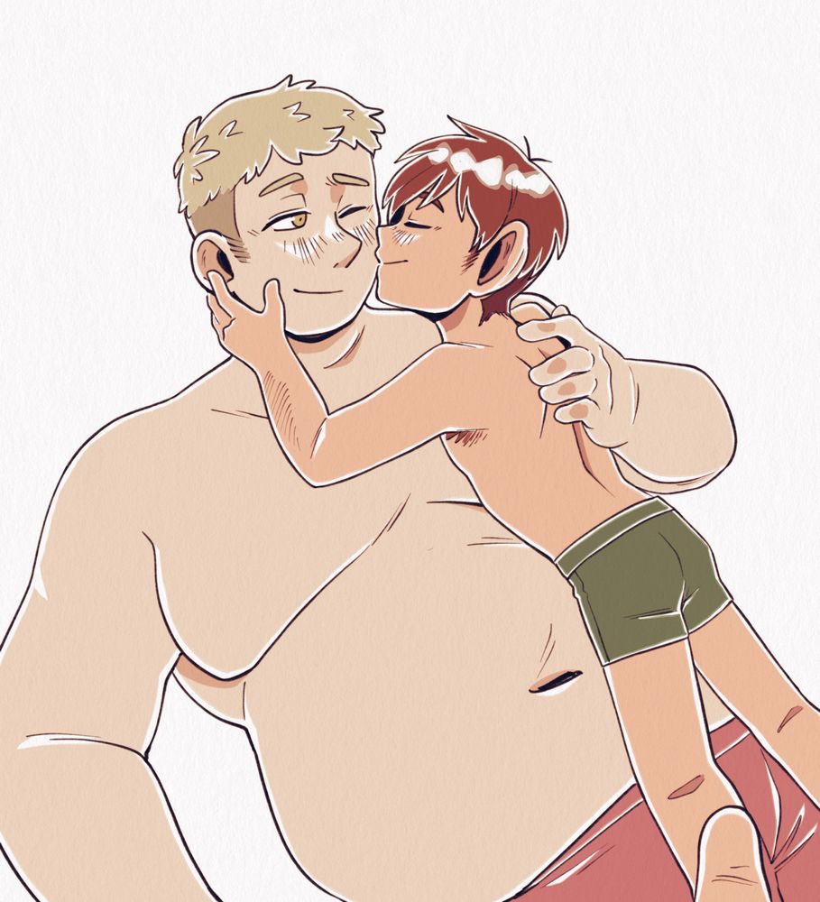 A digital image of Chilchuck and Laios from Dungeon Meshi. They are both wearing boxers and cuddling. Laios is fat, and Chilchuck is lying on his belly, cupping his jaw, and kissing his cheek. Laios has his hand on Chilchuck's back. The colour is copic marker-like and has a paper texture overlay.
