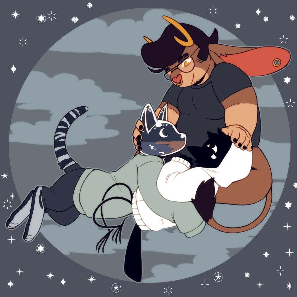 A digital image of three anthropomorphic characters cuddling. A jackalope with a pompadour is sat up, with the other two, a cat with a glass head featuring a night beach, and a crow in a hoodie, with their heads in his lap. The jackalope is petting the other two. The background is varying shades of blue with stars and clouds.
